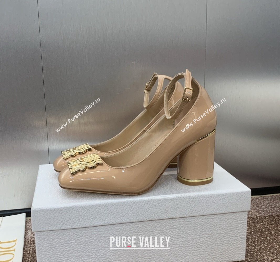 Dior Miss Dior Pump 8.5cm with Ankle Strap in Patent Calfskin Beige 2024 (JC-240930008)