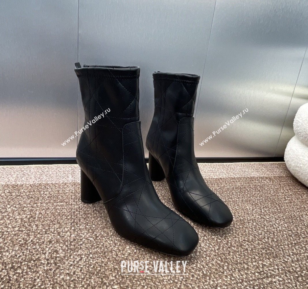 Dior D-Shadow Heeled Ankle Boots 9cm in Black Leather-Effect Stretch Material with Macrocannage Motif 2024 (JC-240930032)