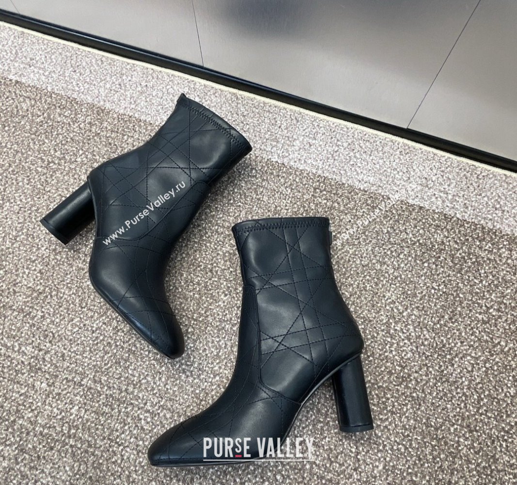 Dior D-Shadow Heeled Ankle Boots 9cm in Black Leather-Effect Stretch Material with Macrocannage Motif 2024 (JC-240930032)