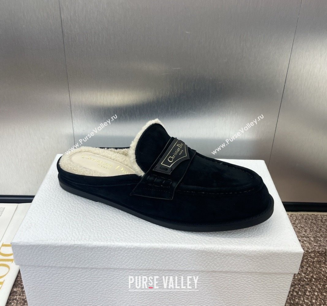 Dior Boy Flat Mules in Suede and Shearling Wool Black 2024 (JC-240930013)