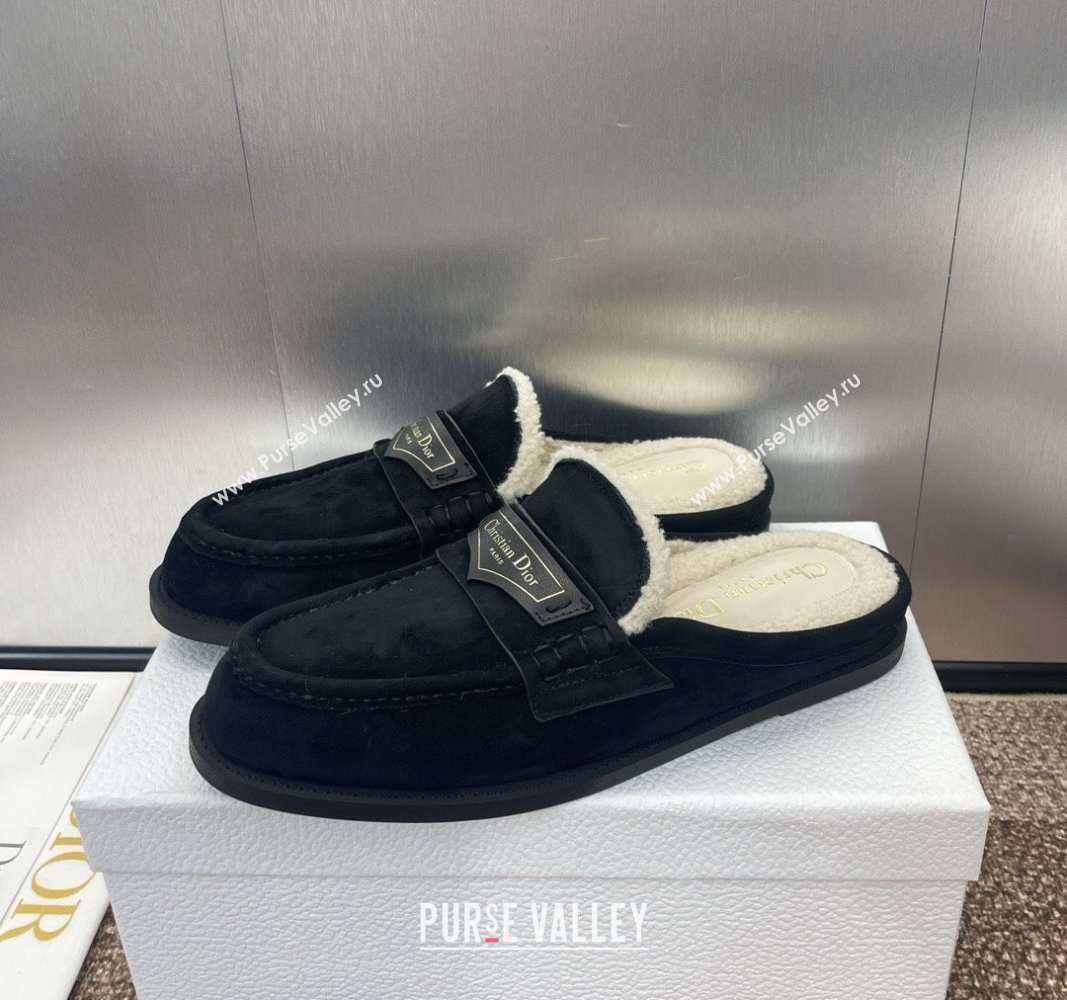 Dior Boy Flat Mules in Suede and Shearling Wool Black 2024 (JC-240930013)