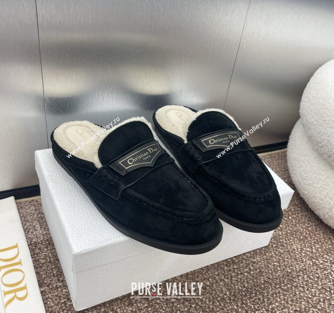 Dior Boy Flat Mules in Suede and Shearling Wool Black 2024 (JC-240930013)