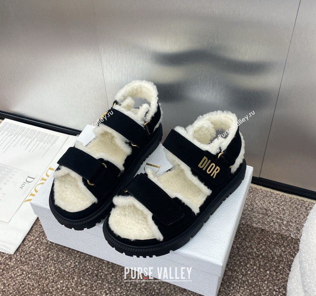 Dior Dioract Strap Flat Sandals in Suede and Shearling Black 2024 0930 (JC-240930017)