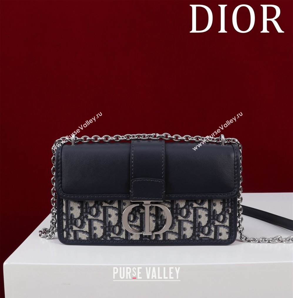 Dior 30 Montaigne East-West Bag with Chain in Blue Dior Oblique Jacquard and Smooth Calfskin Black/Silver 2024 (XXG-241101084)