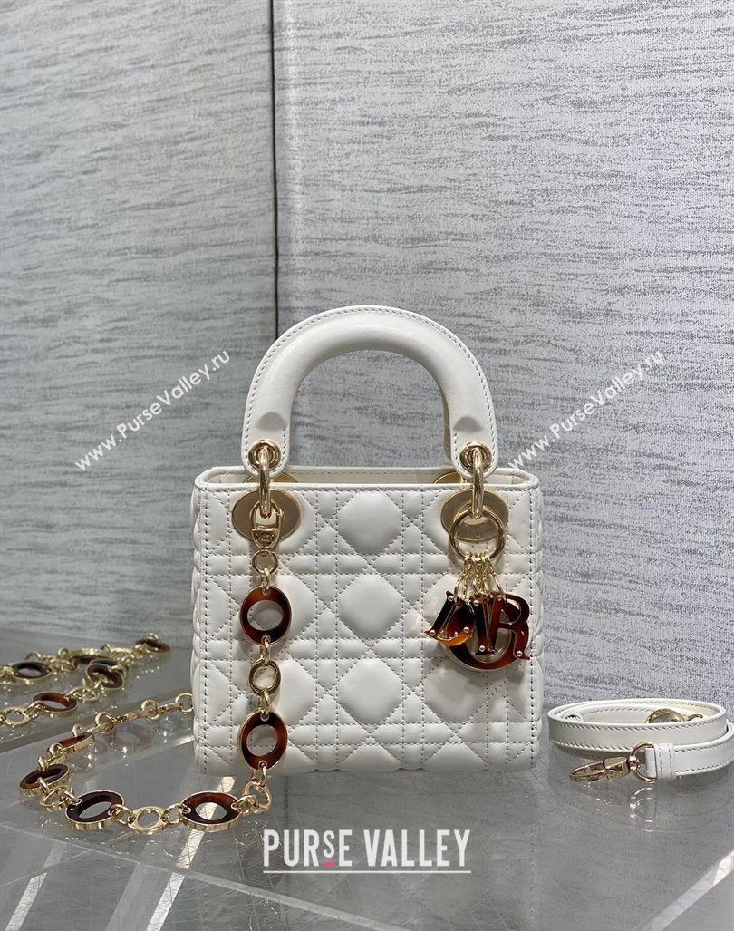 Dior Mini Lady Dior Bag in White Cannage Lambskin with Brown Tortoiseshell-effect Link 2024 (XXG-241101088)