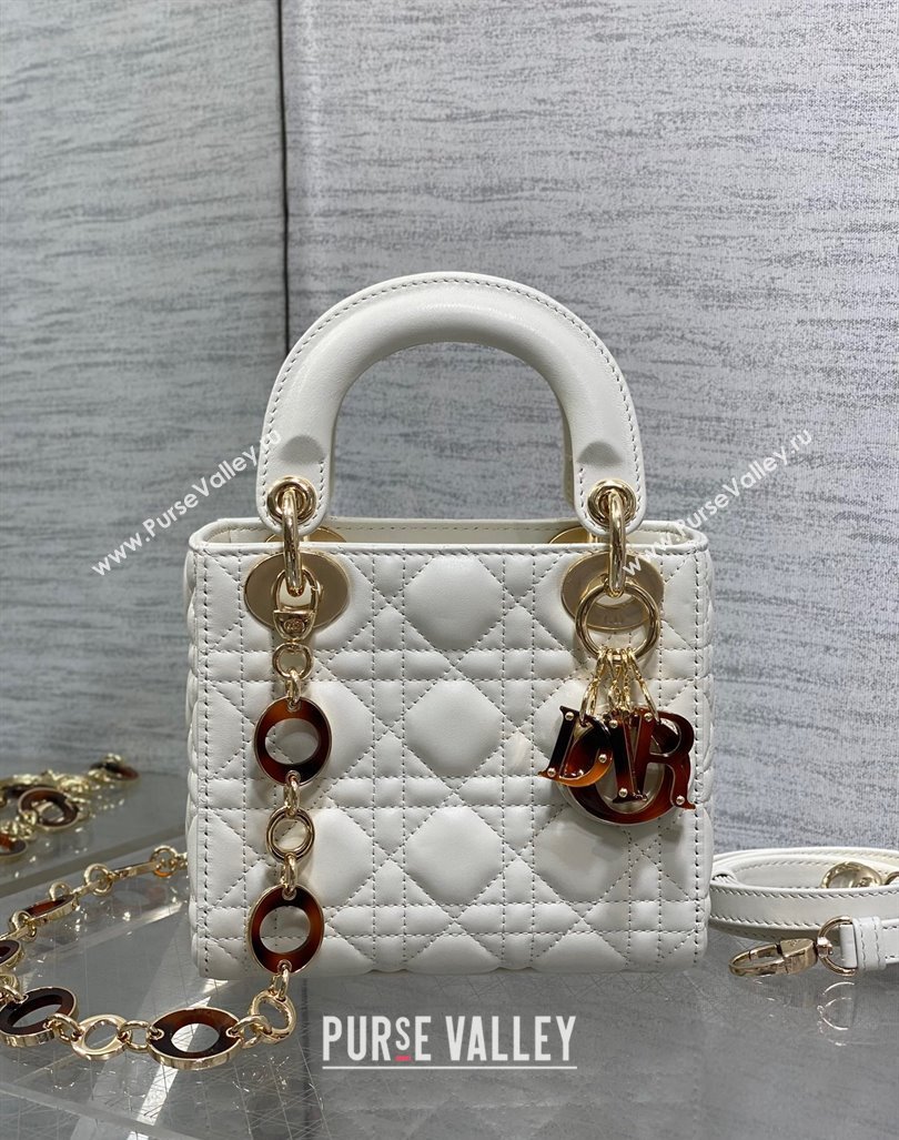 Dior Mini Lady Dior Bag in White Cannage Lambskin with Brown Tortoiseshell-effect Link 2024 (XXG-241101088)