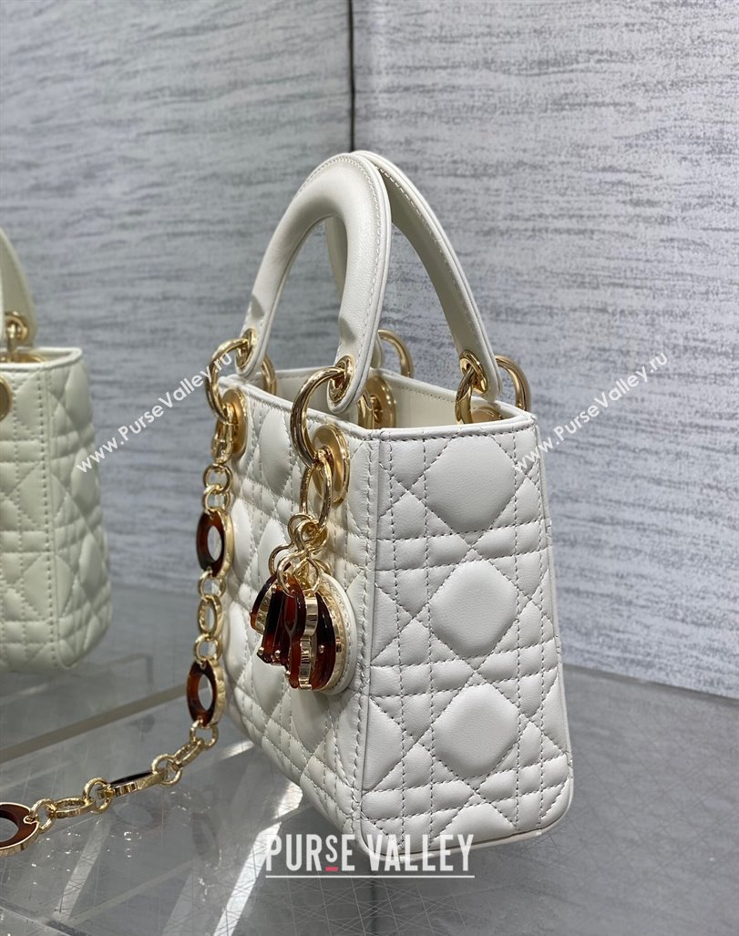 Dior Mini Lady Dior Bag in White Cannage Lambskin with Brown Tortoiseshell-effect Link 2024 (XXG-241101088)