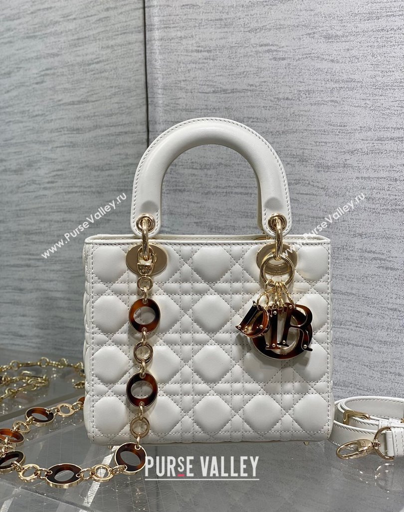 Dior Small Lady Dior Bag in White Cannage Lambskin with Brown Tortoiseshell-effect Link 2024 (XXG-241101091)