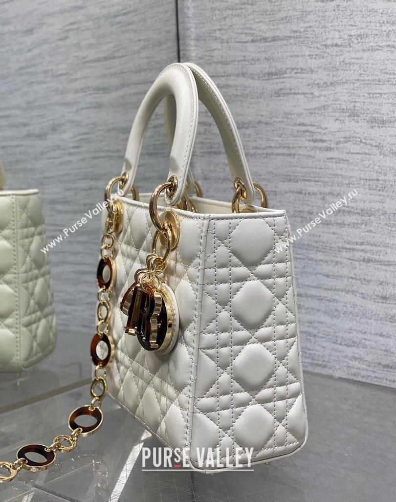 Dior Small Lady Dior Bag in White Cannage Lambskin with Brown Tortoiseshell-effect Link 2024 (XXG-241101091)