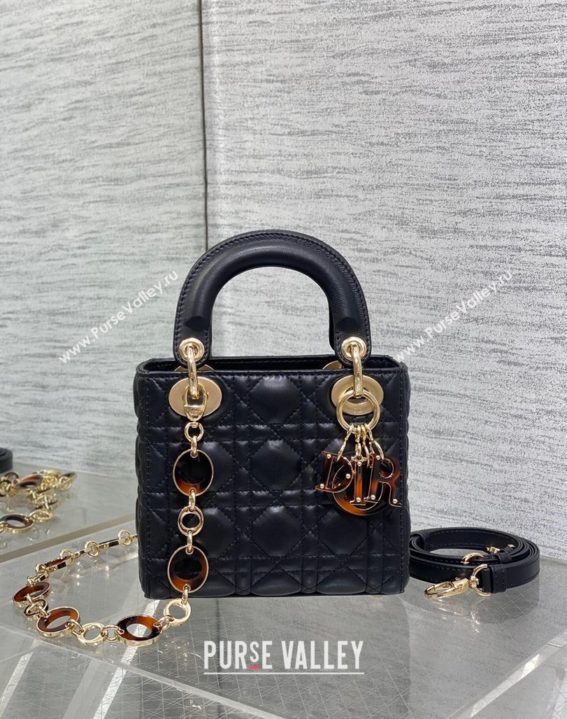 Dior Mini Lady Dior Bag in Black Cannage Lambskin with Brown Tortoiseshell-effect Link 2024 (XXG-241101090)