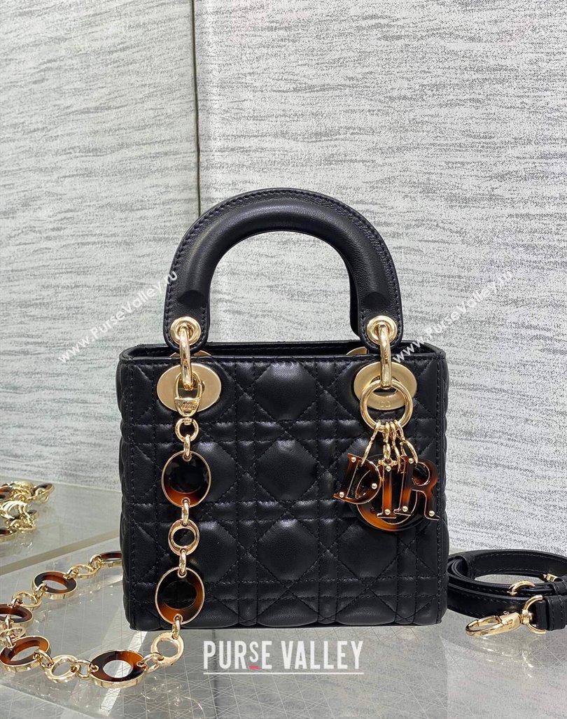 Dior Mini Lady Dior Bag in Black Cannage Lambskin with Brown Tortoiseshell-effect Link 2024 (XXG-241101090)