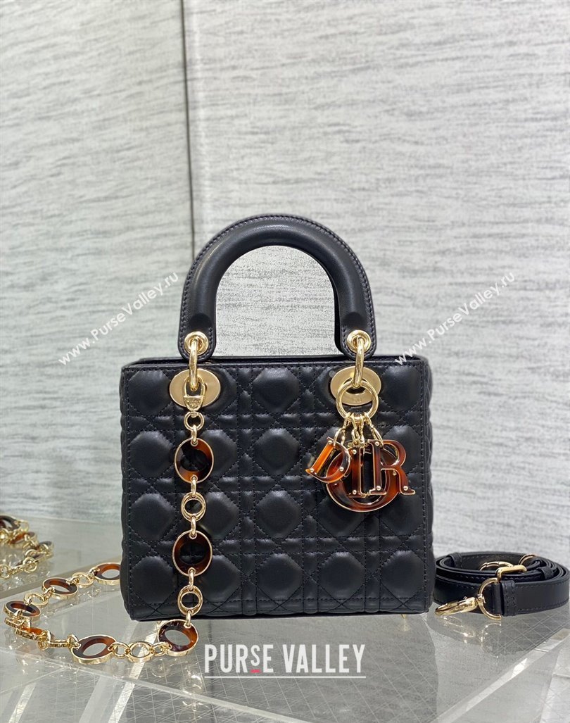 Dior Small Lady Dior Bag in Black Cannage Lambskin with Brown Tortoiseshell-effect Link 2024 (XXG-241101093)