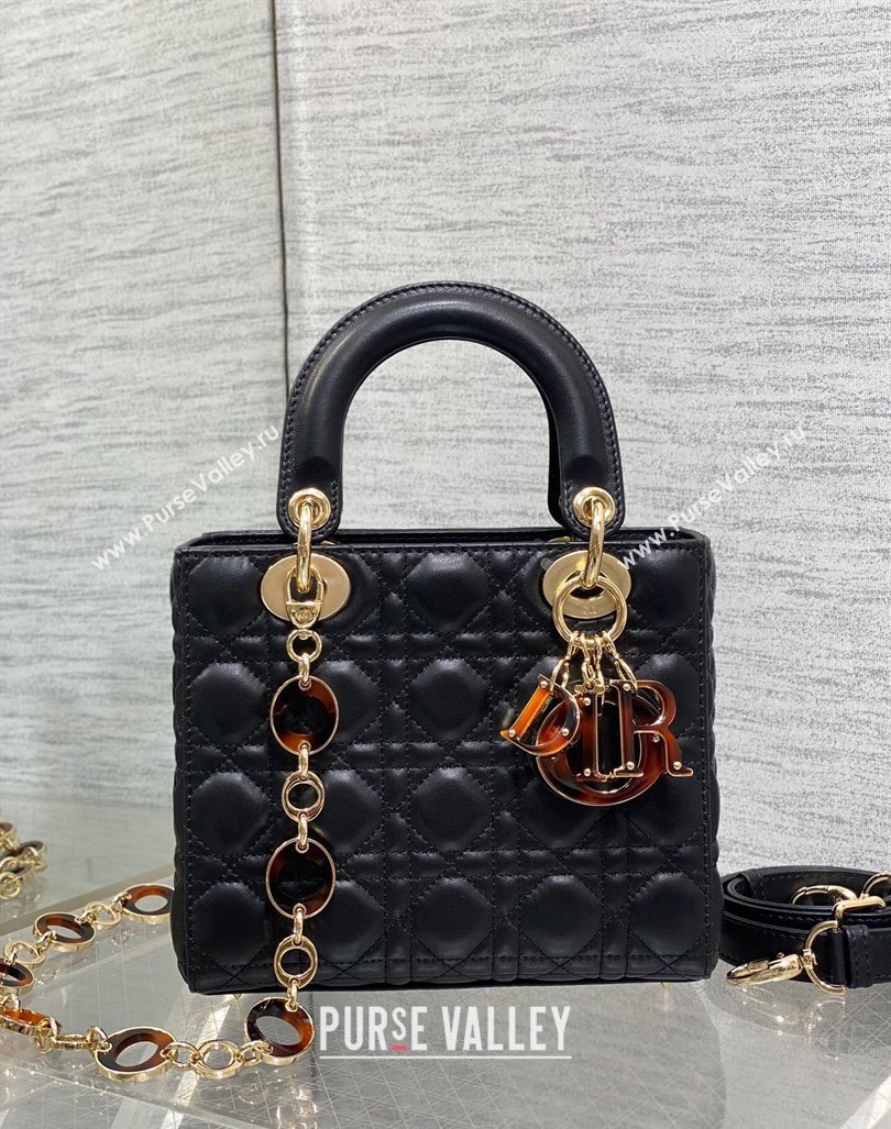 Dior Small Lady Dior Bag in Black Cannage Lambskin with Brown Tortoiseshell-effect Link 2024 (XXG-241101093)