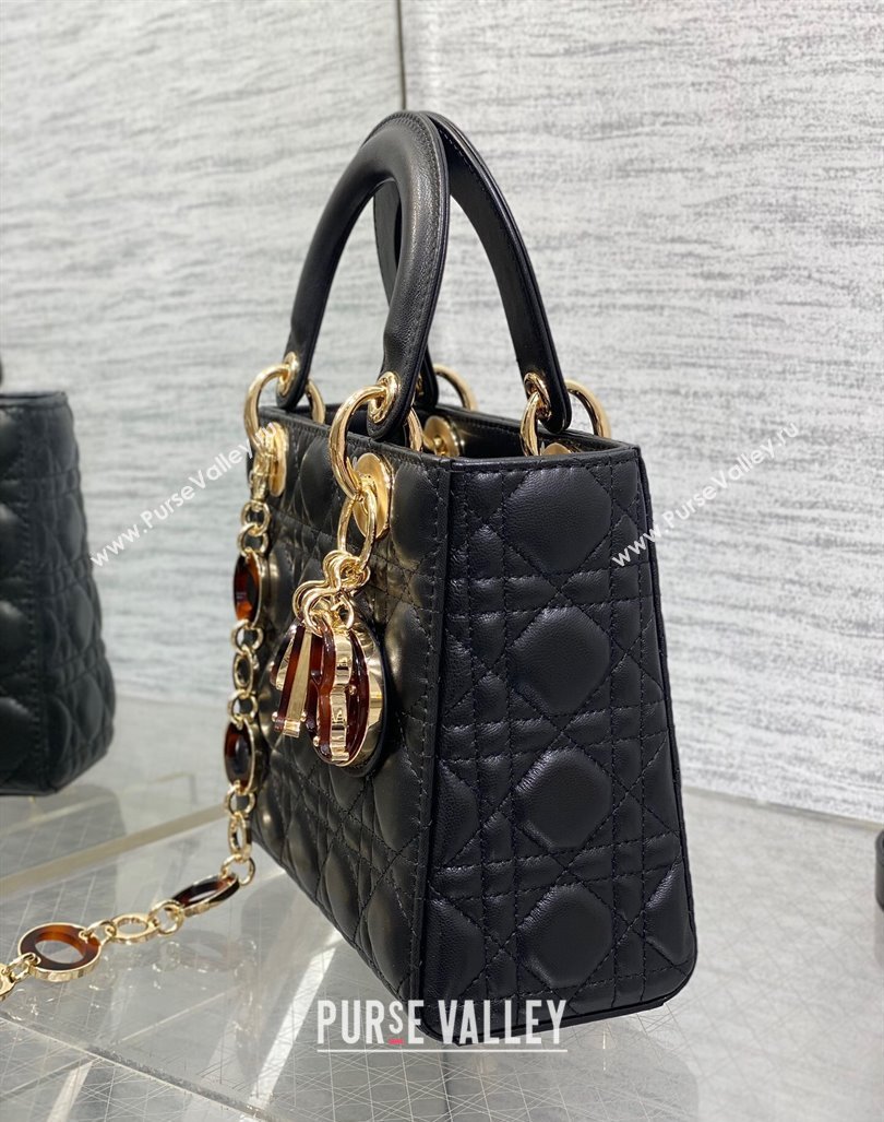 Dior Small Lady Dior Bag in Black Cannage Lambskin with Brown Tortoiseshell-effect Link 2024 (XXG-241101093)