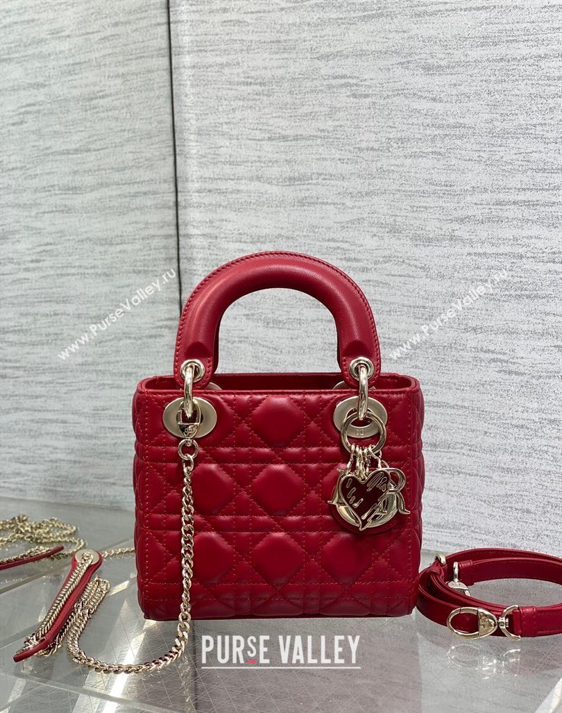 Dior Dioramour Mini Lady Dior Bag in Cannage Lambskin with Heart Charm Red 2024 (XXG-241101096)