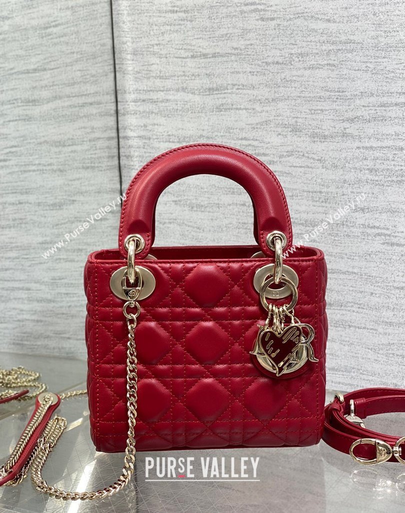 Dior Dioramour Mini Lady Dior Bag in Cannage Lambskin with Heart Charm Red 2024 (XXG-241101096)