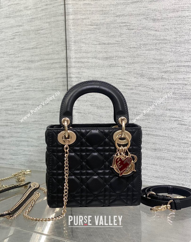 Dior Dioramour Mini Lady Dior Bag in Black Cannage Lambskin with Heart Charm 2024 (XXG-241101098)