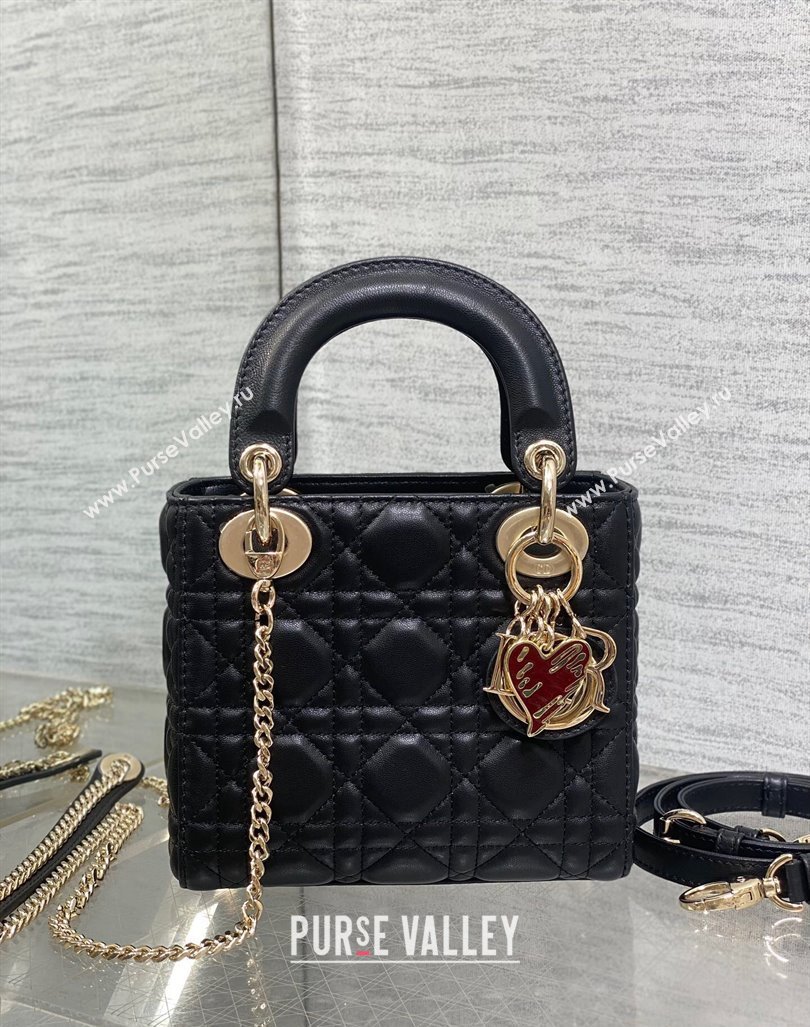 Dior Dioramour Mini Lady Dior Bag in Black Cannage Lambskin with Heart Charm 2024 (XXG-241101098)