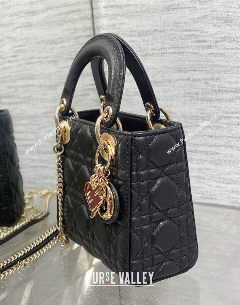 Dior Dioramour Mini Lady Dior Bag in Black Cannage Lambskin with Heart Charm 2024 (XXG-241101098)