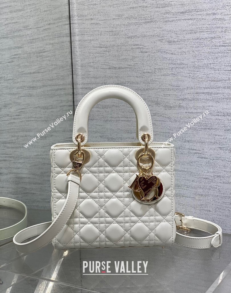 Dior Dioramour Small Lady Dior Bag in White Cannage Lambskin with Heart Charm 2024 (XXG-241101094)