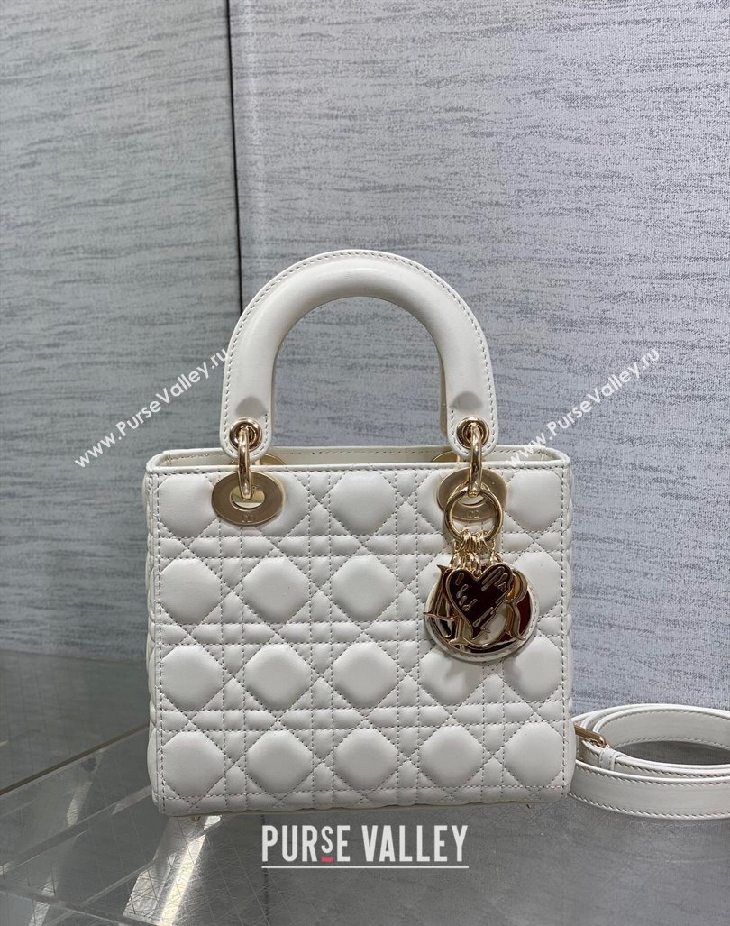 Dior Dioramour Small Lady Dior Bag in White Cannage Lambskin with Heart Charm 2024 (XXG-241101094)