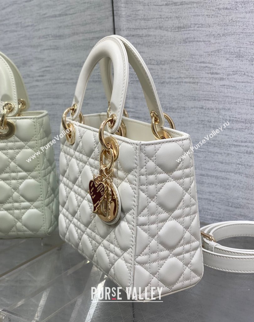 Dior Dioramour Small Lady Dior Bag in White Cannage Lambskin with Heart Charm 2024 (XXG-241101094)