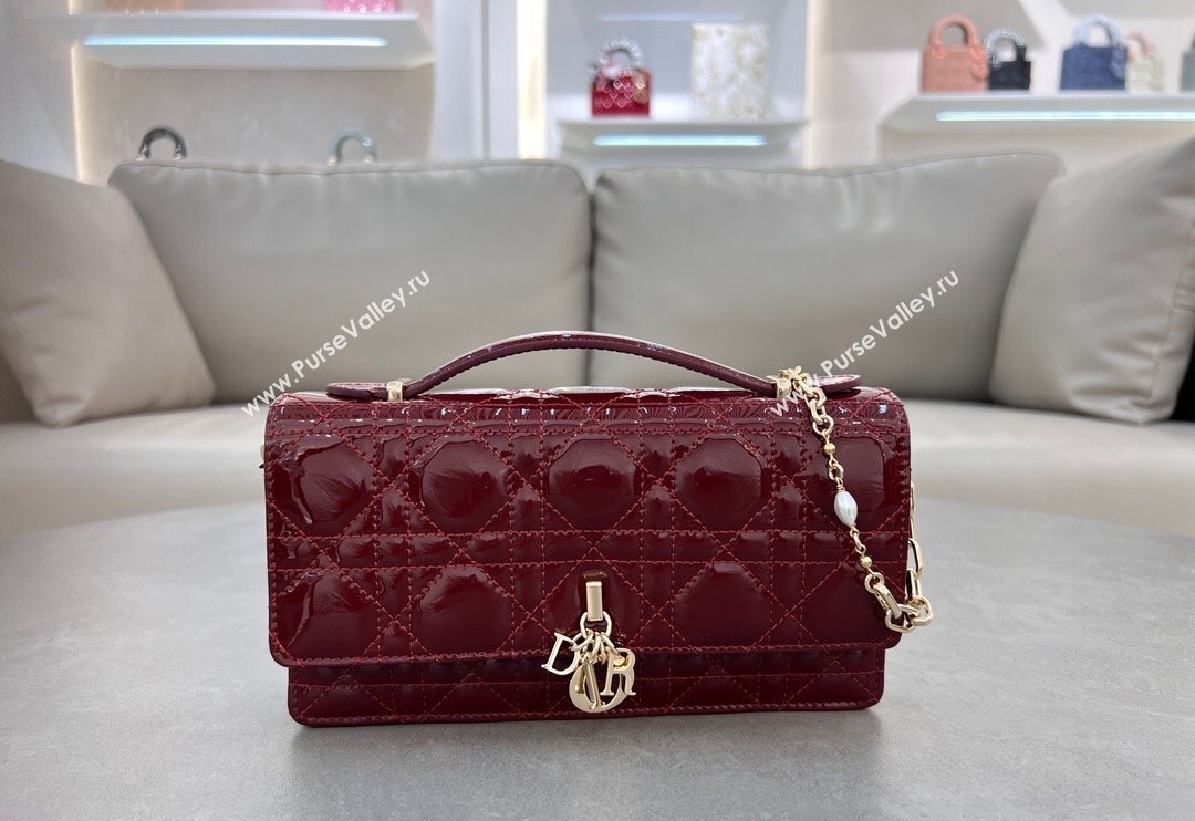 Dior My Dior Mini Bag in Patent Cannage Calfskin with Pearl 0980 Burgundy 2024 (BF-241031055)