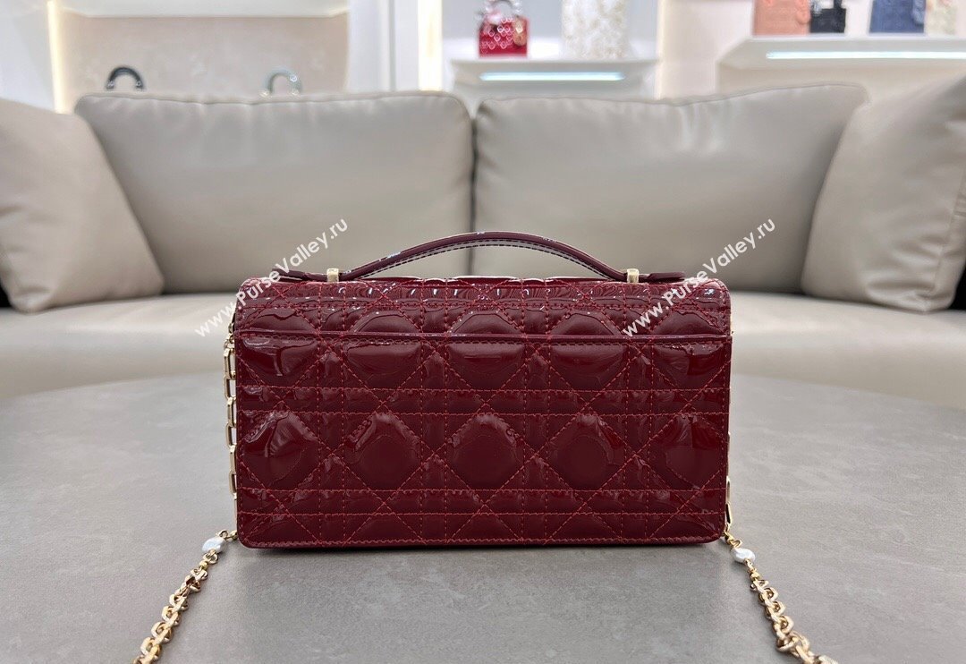 Dior My Dior Mini Bag in Patent Cannage Calfskin with Pearl 0980 Burgundy 2024 (BF-241031055)