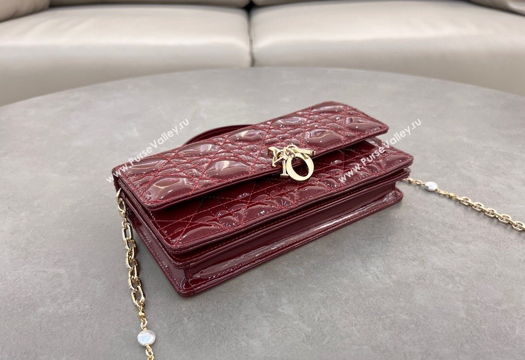 Dior My Dior Mini Bag in Patent Cannage Calfskin with Pearl 0980 Burgundy 2024 (BF-241031055)