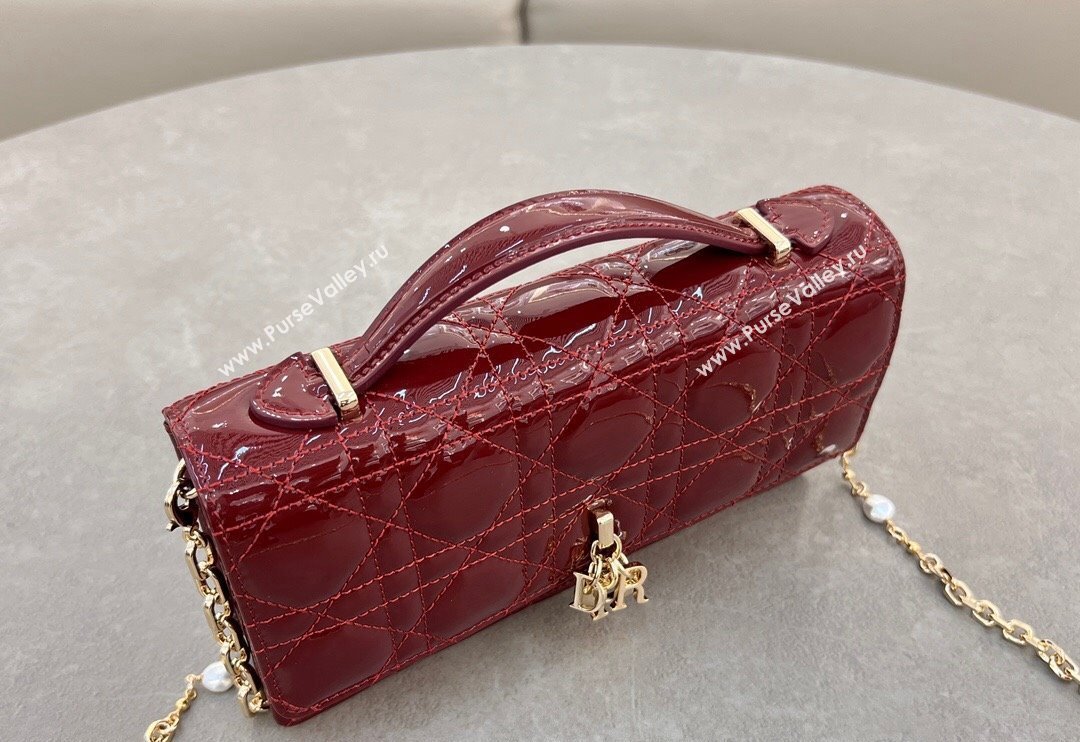 Dior My Dior Mini Bag in Patent Cannage Calfskin with Pearl 0980 Burgundy 2024 (BF-241031055)