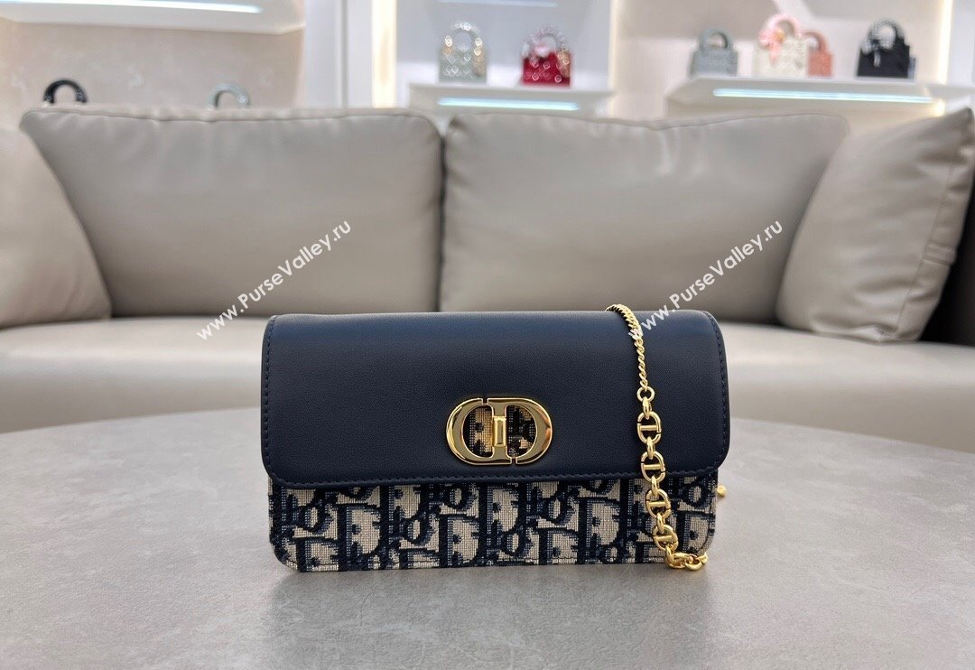 Dior Miss Caro Pouch with Chain in Black Calfskin and Blue Oblique Canvas 2024 5225 (BF-241031085)