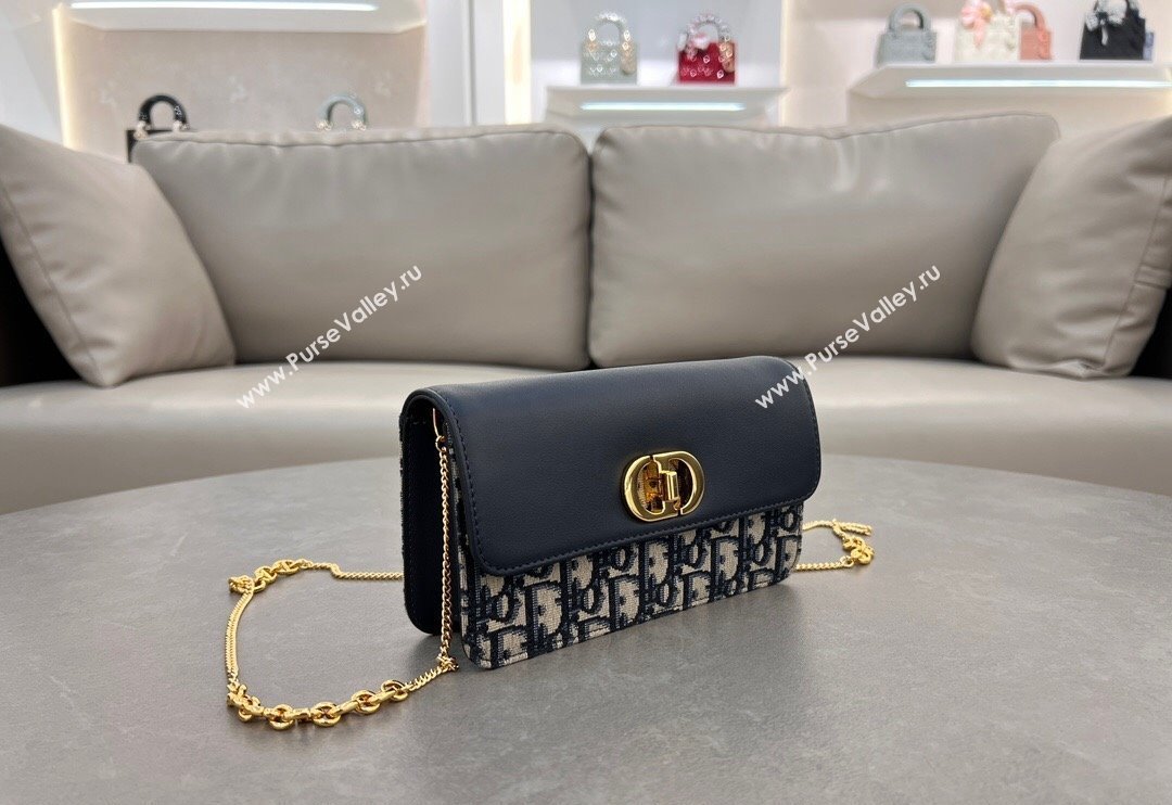 Dior Miss Caro Pouch with Chain in Black Calfskin and Blue Oblique Canvas 2024 5225 (BF-241031085)