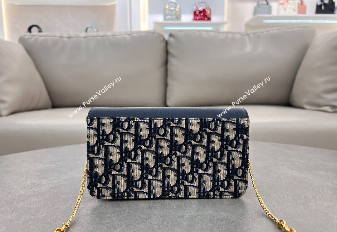 Dior Miss Caro Pouch with Chain in Black Calfskin and Blue Oblique Canvas 2024 5225 (BF-241031085)