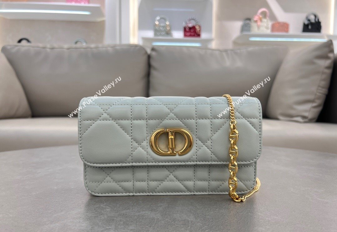 Dior Miss Caro Pouch with Chain in Macrocannage Lambskin Light Blue 2024 5225 (BF-241031088)