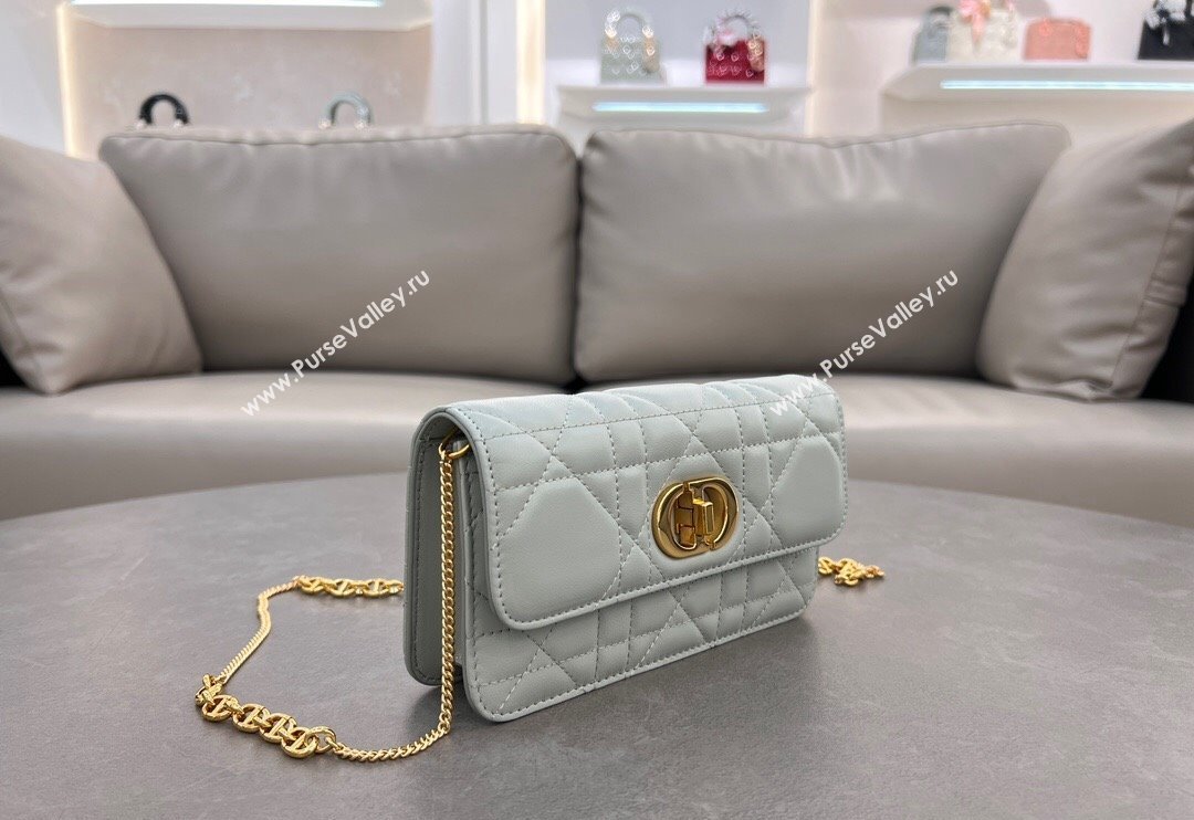 Dior Miss Caro Pouch with Chain in Macrocannage Lambskin Light Blue 2024 5225 (BF-241031088)