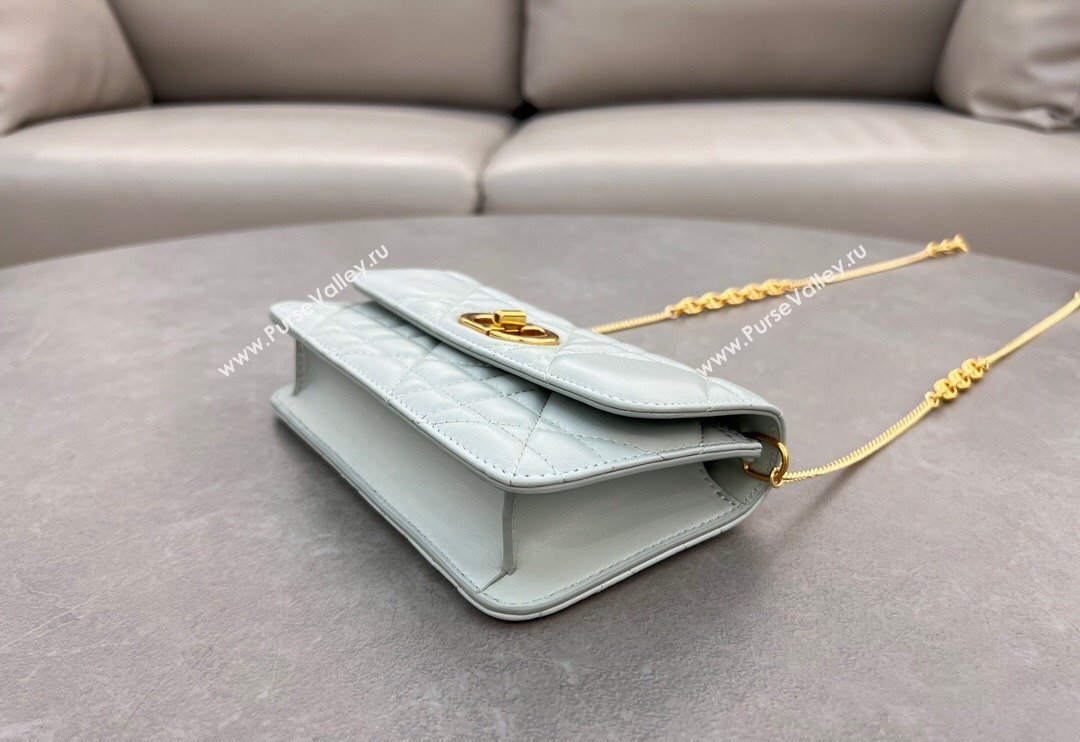 Dior Miss Caro Pouch with Chain in Macrocannage Lambskin Light Blue 2024 5225 (BF-241031088)