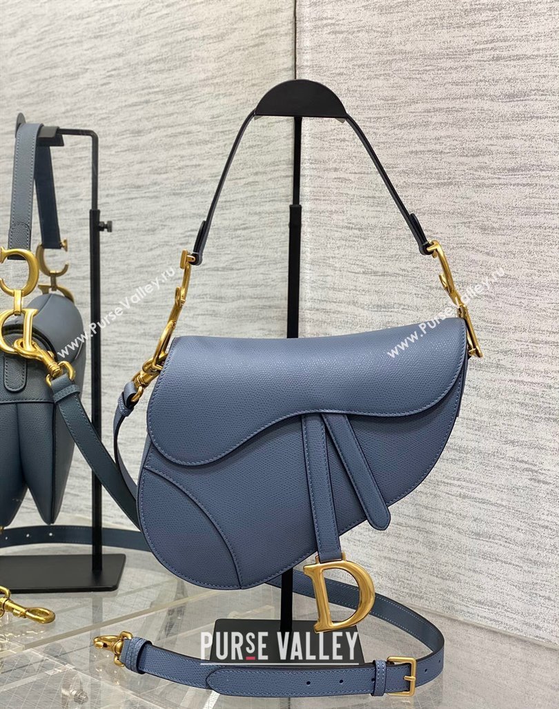 Dior Medium Saddle Bag with Strap in Grained Calfskin Denim Blue 2024 (XXG-241101054)