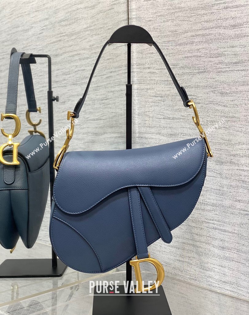 Dior Medium Saddle Bag with Strap in Grained Calfskin Vintage Blue 2024 (XXG-241101056)