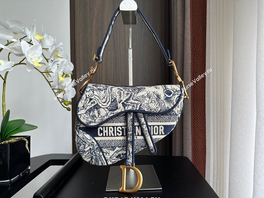 Dior Medium Saddle Bag in Blue Toile de Jouy Embroidery 2024 (XXG-241101075)