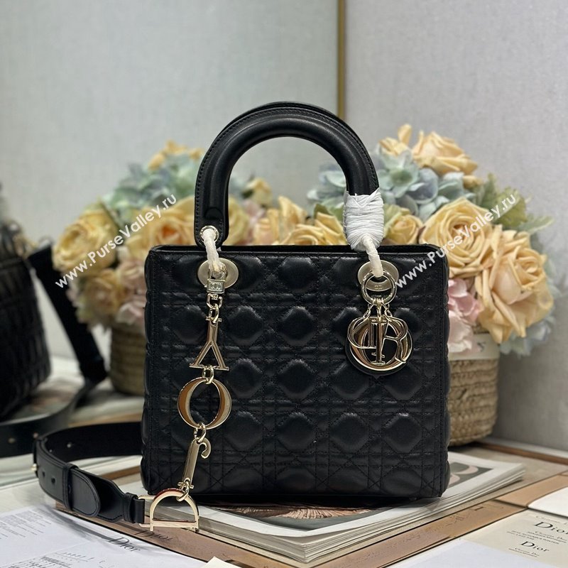 Dior Medium Lady Dior Bag in Cannage Lambskin with Letters Chain Black 2024 (XXG-241212026)