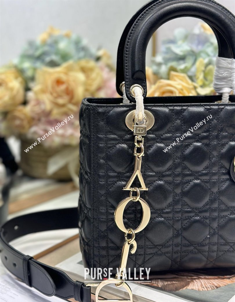 Dior Medium Lady Dior Bag in Cannage Lambskin with Letters Chain Black 2024 (XXG-241212026)