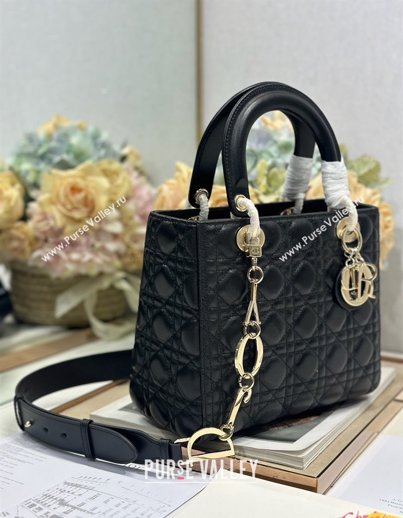 Dior Medium Lady Dior Bag in Cannage Lambskin with Letters Chain Black 2024 (XXG-241212026)