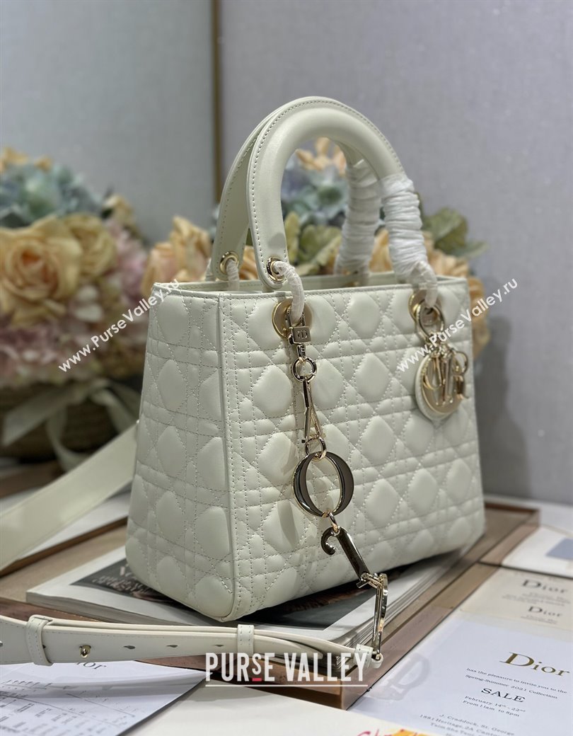 Dior Medium Lady Dior Bag in Cannage Lambskin with Letters Chain White 2024 (XXG-241212027)