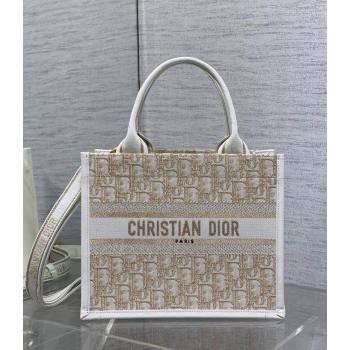 Dior Small Dior Book Tote Bag in Oblique Embroidery with Gold-Tone Metallic Thread and Latte White Calfskin 2024 (XXG-241212048)