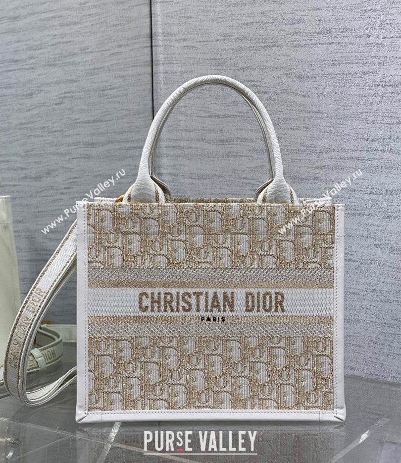 Dior Small Dior Book Tote Bag in Oblique Embroidery with Gold-Tone Metallic Thread and Latte White Calfskin 2024 (XXG-241212048)