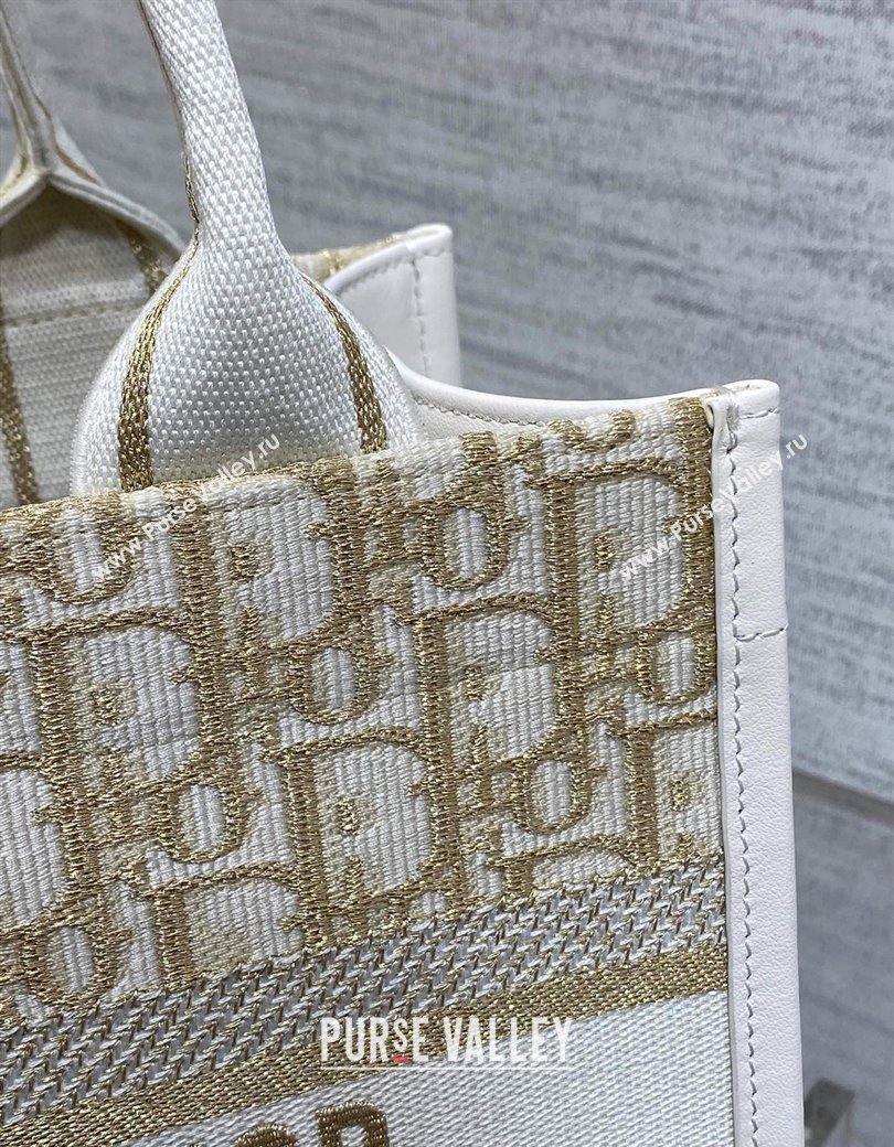 Dior Small Dior Book Tote Bag in Oblique Embroidery with Gold-Tone Metallic Thread and Latte White Calfskin 2024 (XXG-241212048)