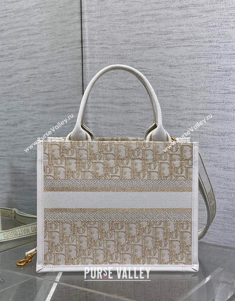 Dior Small Dior Book Tote Bag in Oblique Embroidery with Gold-Tone Metallic Thread and Latte White Calfskin 2024 (XXG-241212048)