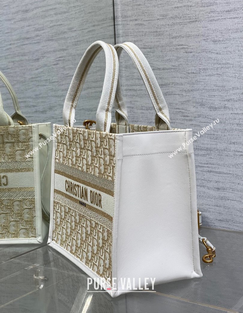 Dior Small Dior Book Tote Bag in Oblique Embroidery with Gold-Tone Metallic Thread and Latte White Calfskin 2024 (XXG-241212048)