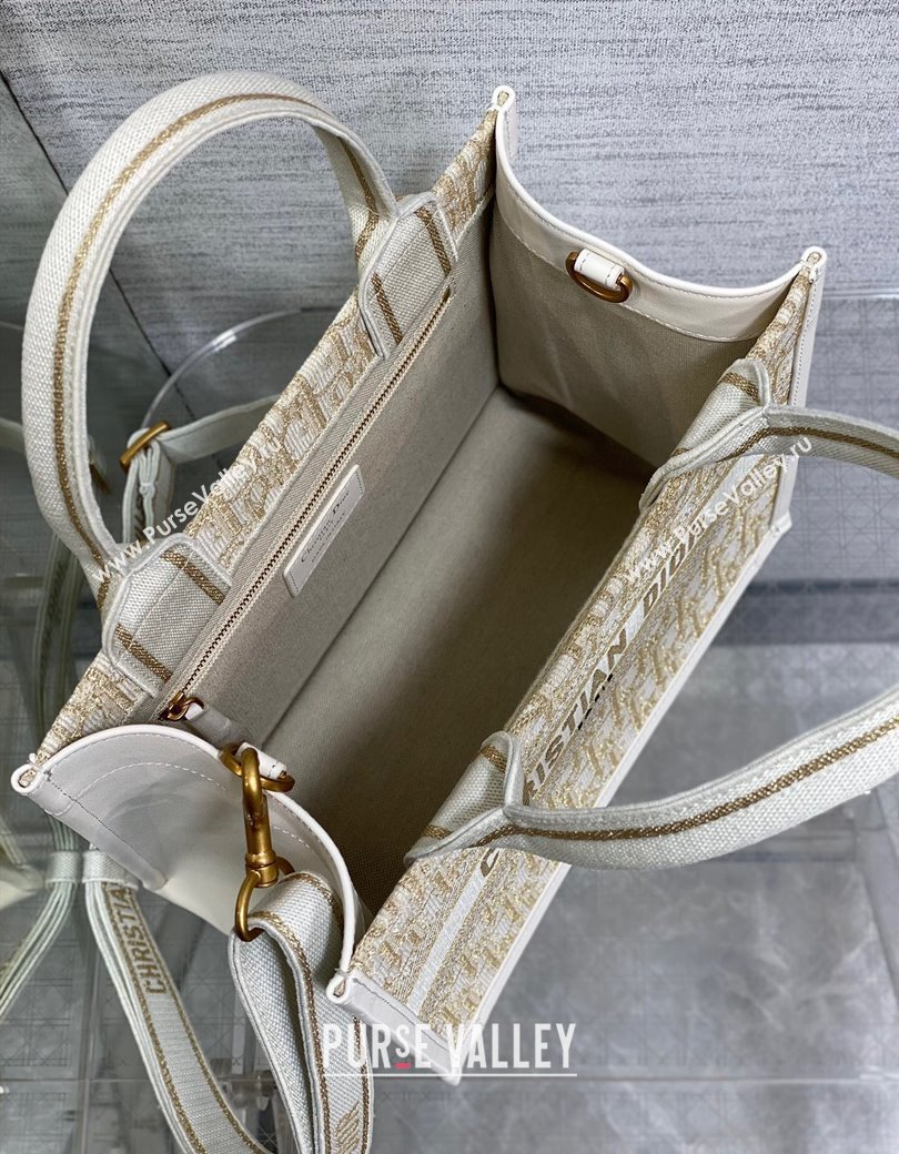 Dior Small Dior Book Tote Bag in Oblique Embroidery with Gold-Tone Metallic Thread and Latte White Calfskin 2024 (XXG-241212048)