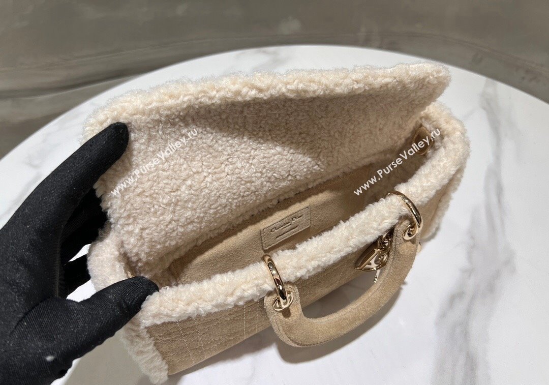 Dior Lady D-Joy Small Bag in Beige Suede and White Shearling 2024 1212 (XXG-241212062)